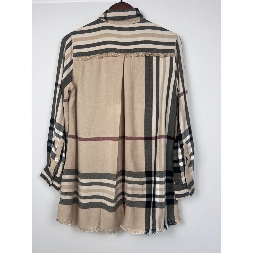 JHON.MARK PLaid Button Down Shirt M Tan Black Check Long Sleeve Frayed Hem - Picture 4 of 9